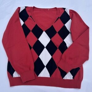 Vintage Y2K Liz & Co argyle preppy vneck cotton sweater size M red black golf